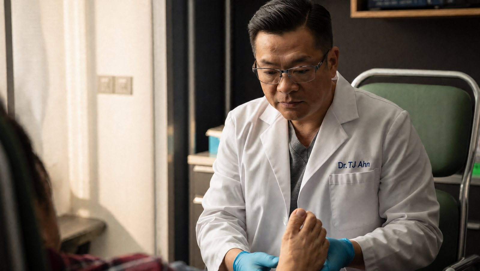 Dr. Ahn examining a patient's foot in his Glenview exam room